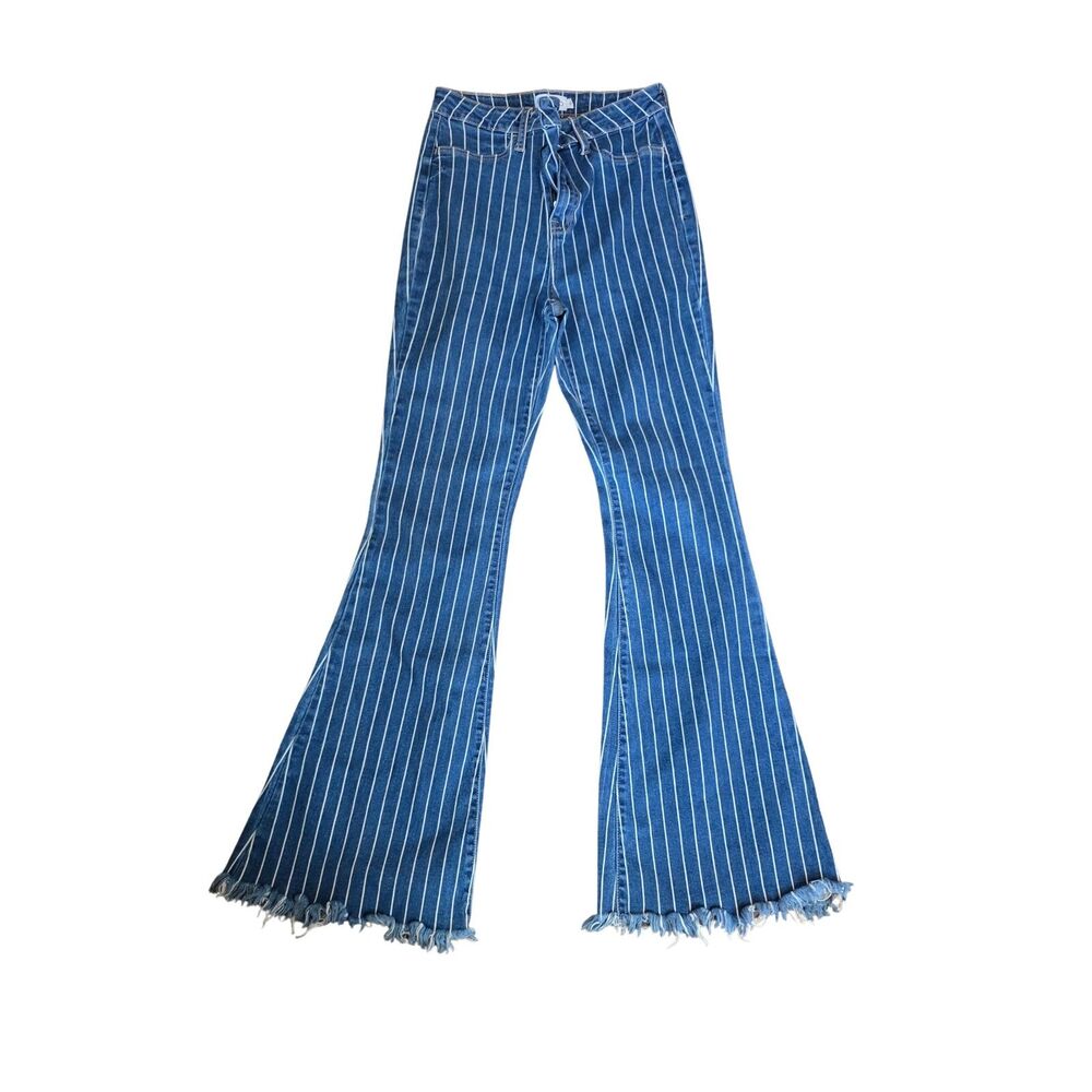 Cello High Rise Vertical Striped Flare Bell Bottom Jeans Raw Hem Size 9